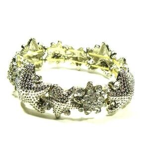 Starfish Bracelet Rhinestone Silver Tone Textured Beach Vacation Stretch Elastic
